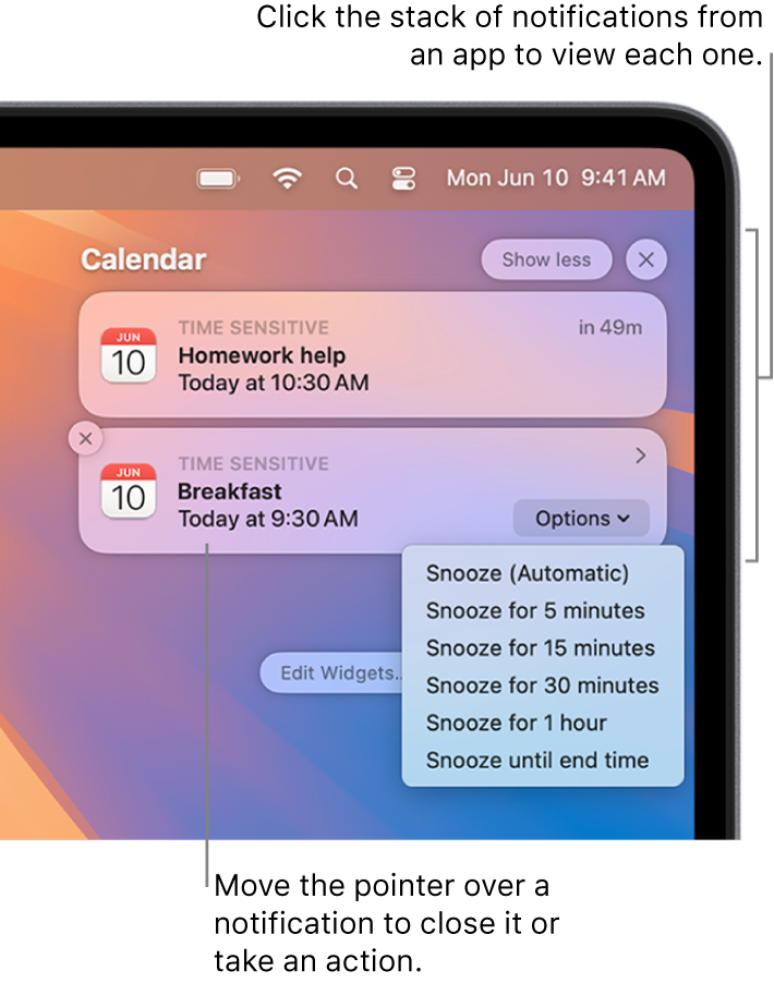 App notifications in the upper-right corner of the desktop, including an open stack of two Reminders notifications with a “Show less” button to collapse the stack and one Calendar notification with a Snooze button.