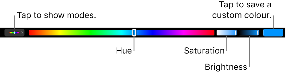 The Touch Bar showing hue, saturation and brightness sliders for the HSB mode. At the left end is the button to show all modes; at the right, the button to save a custom colour.