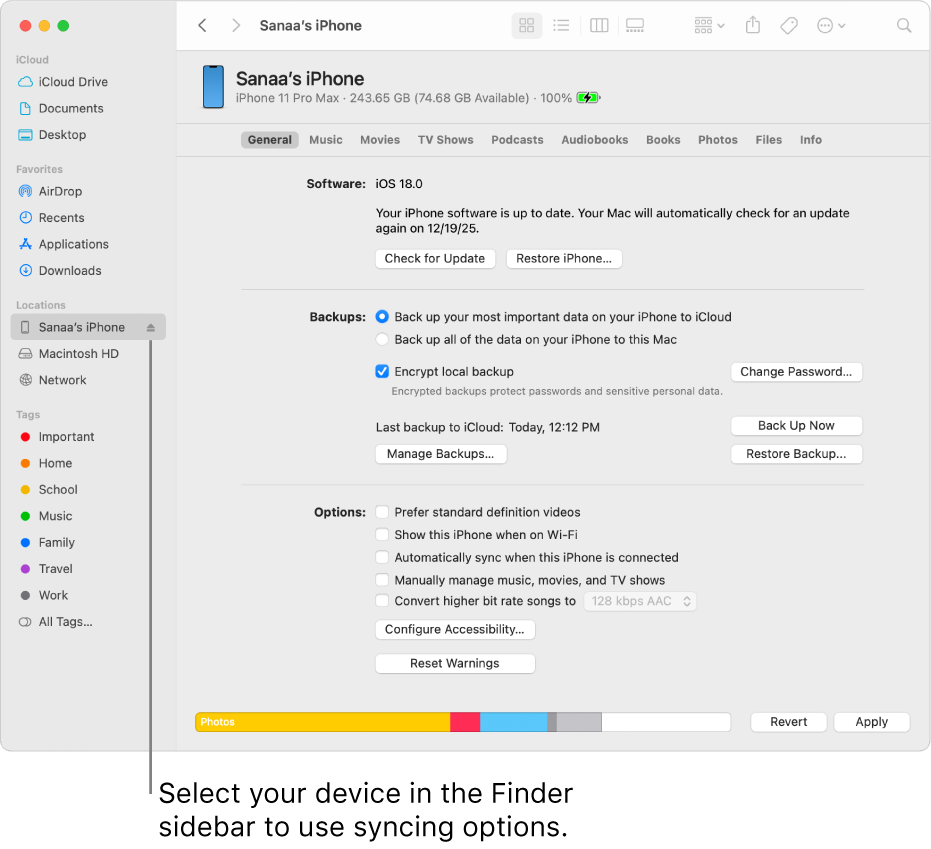 A device selected in the Finder sidebar and syncing options appearing in the window.