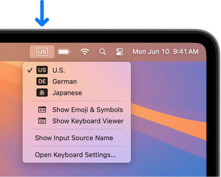 The right side of the menu bar. The Input menu is open and shows input sources like German and Japanese, and other options like Show Emoji & Symbols.