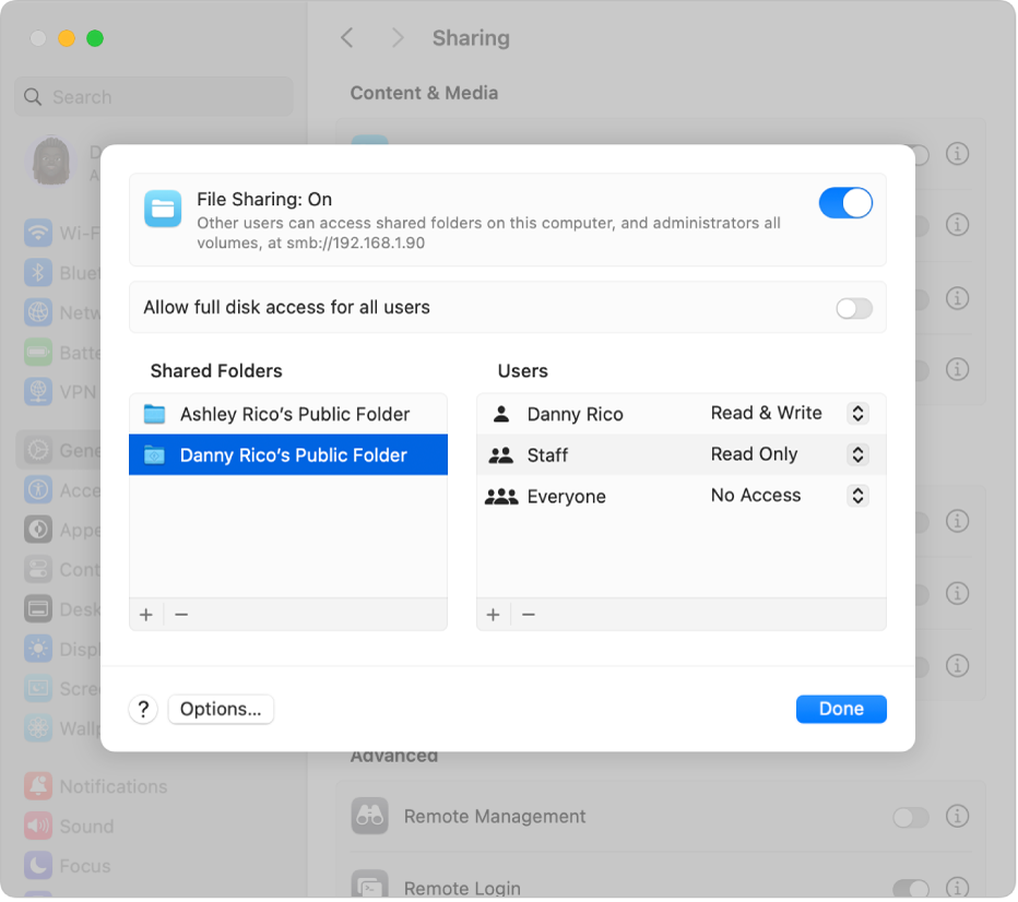 A file sharing window, showing shared folders for two user accounts on the Mac, with one of the folders selected, and the file permissions for users.