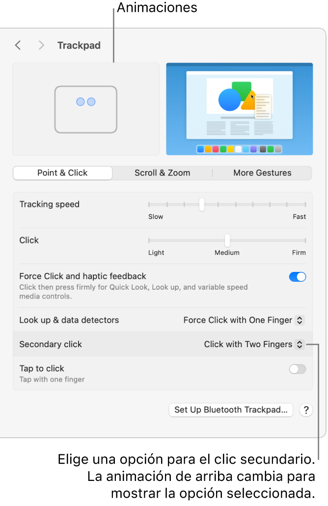 Las opciones del trackpad en Configuración del Sistema mostrando la opción de clic secundario establecida a Hacer clic con dos dedos, y la animación correspondiente