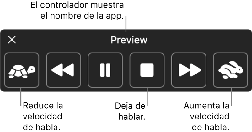 El controlador en pantalla que se puede mostrar cuando el Mac lee texto seleccionado. El controlador dispone de seis botones que, de izquierda a derecha, te permiten reducir la velocidad de habla, retroceder una frase, reproducir o poner en pausa la locución, detener la locución, avanzar una frase y aumentar la velocidad de habla. El nombre de la app se muestra en la parte superior del controlador.