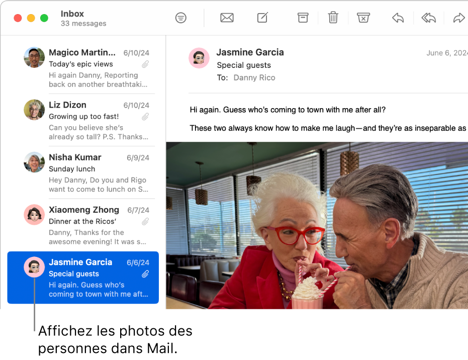 La fenêtre Mail affichant la liste des messages avec la photo des expéditeurs en regard de leur nom.