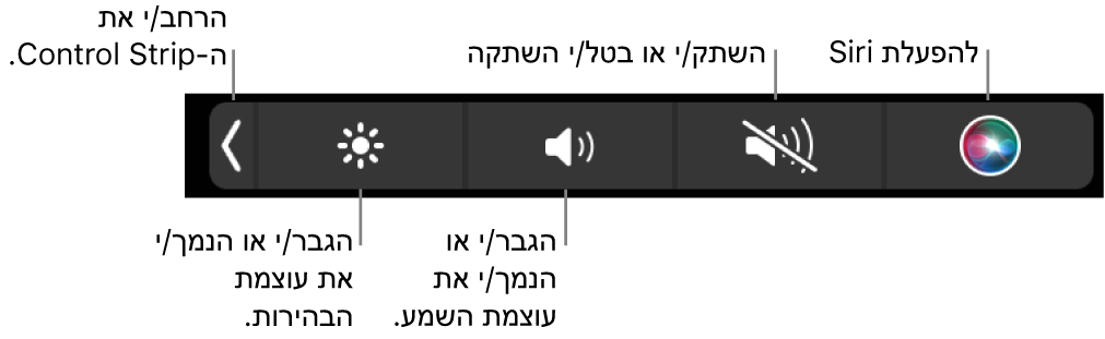 ‏Control Strip בפריסה מכווצת כולל כפתורים – משמאל לימין – להרחבת Control Strip, להגברה או הפחתה של הבהירות ועוצמת הקול, להשתקה וביטול השתקה ולשימוש ב‑Siri.