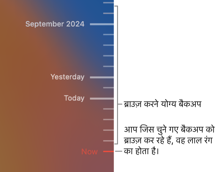 बैकअप समयरेखा में टिक मार्क। लाल टिक मार्क आपके द्वारा ब्राउज़ किए जाने वाले बैकअप को इंगित करता है।