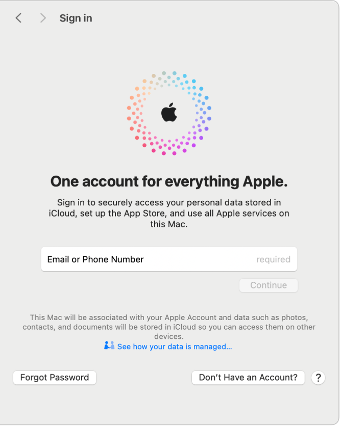 Prozor prijave u Apple račun s tekstualnim poljem za unos e-mail adrese ili telefonskog broja te tekstom Nemate račun? tipka za postavljanje novog Apple računa.