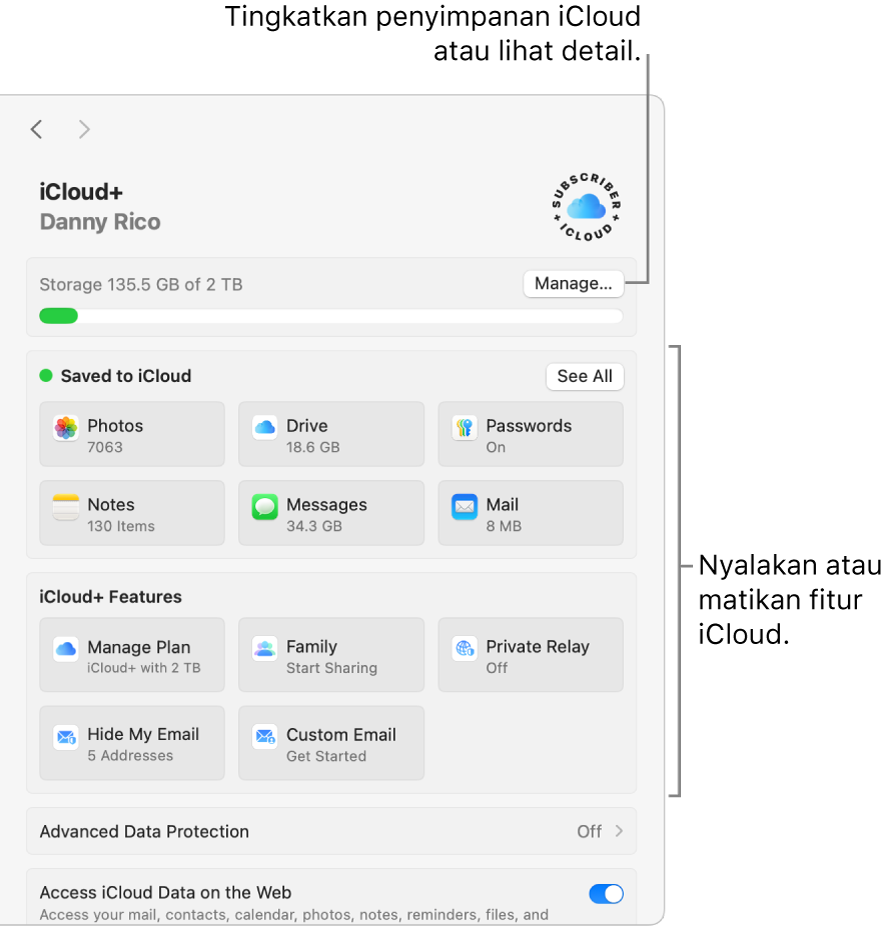 Pengaturan iCloud dengan semua fitur yang dinyalakan.