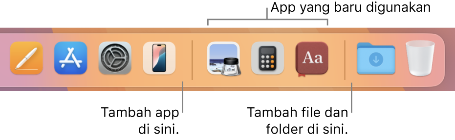 Ujung kanan Dock menampilkan garis pemisah sebelum dan setelah bagian app yang sering digunakan.