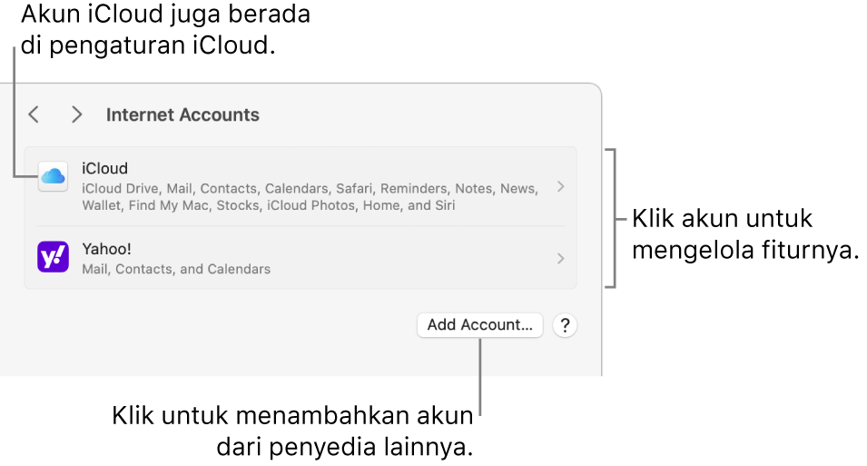 Pengaturan Akun Internet dengan akun yang diatur di Mac tercantum.