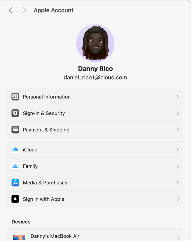 Le impostazioni di Apple Account che mostrano l’immagine di un Apple Account nella parte superiore.