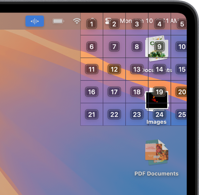 Grid ditunjukkan di penjuru kanan atas skrin, yang dua tindanan desktop terletak. Setiap sel dalam grid dilabelkan dengan nombor.