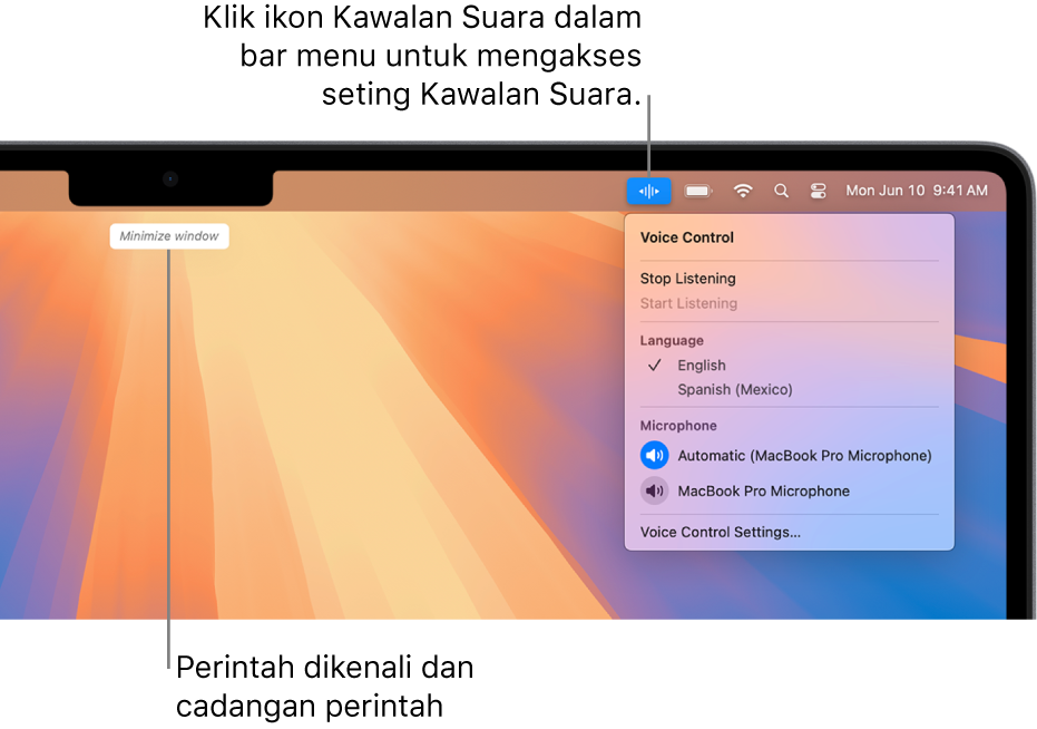 Perintah terakhir yang dicam oleh Kawalan Suara ditunjukkan di bahagian atas desktop. Di sebelah kanan, ikon Kawalan Suara ditunjukkan dalam bar menu dan menu Kawalan Suara dibuka.