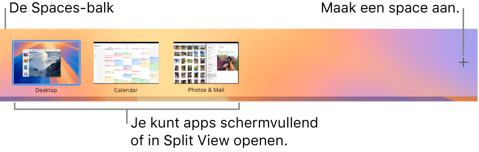 De Spaces-balk met een bureaublad, apps in de schermvullende weergave en in Split View, en een knop voor het aanmaken van een space.