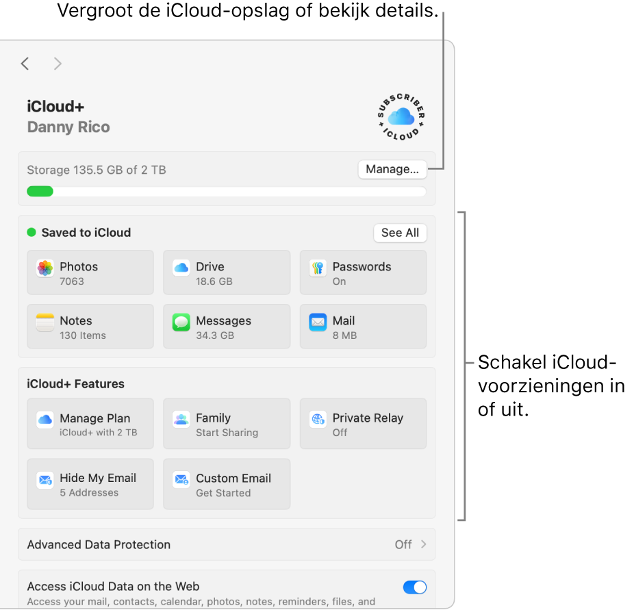 iCloud-instellingen met alle functies ingeschakeld.