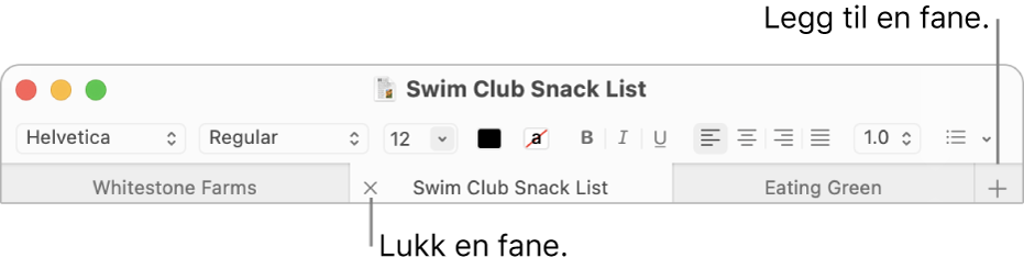 Et Tekstredigering-vindu med tre faner i fanelinjen, liggende under formateringslinjen. En fane viser Lukk-knappen. Legg til-knappen ligger helt til høyre på fanelinjen.