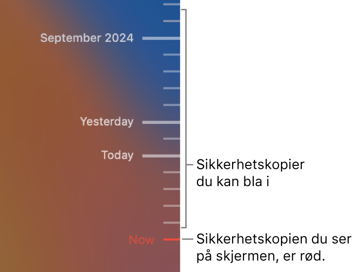 Aksemerker i sikkerhetskopitidslinjen. Det røde merket viser sikkerhetskopien du navigerer i.