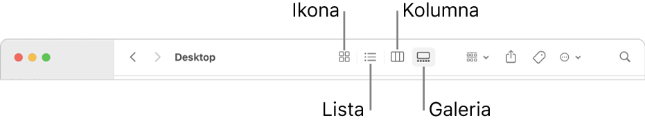 Górna część okna Findera z przyciskami opcji widoku folderu.