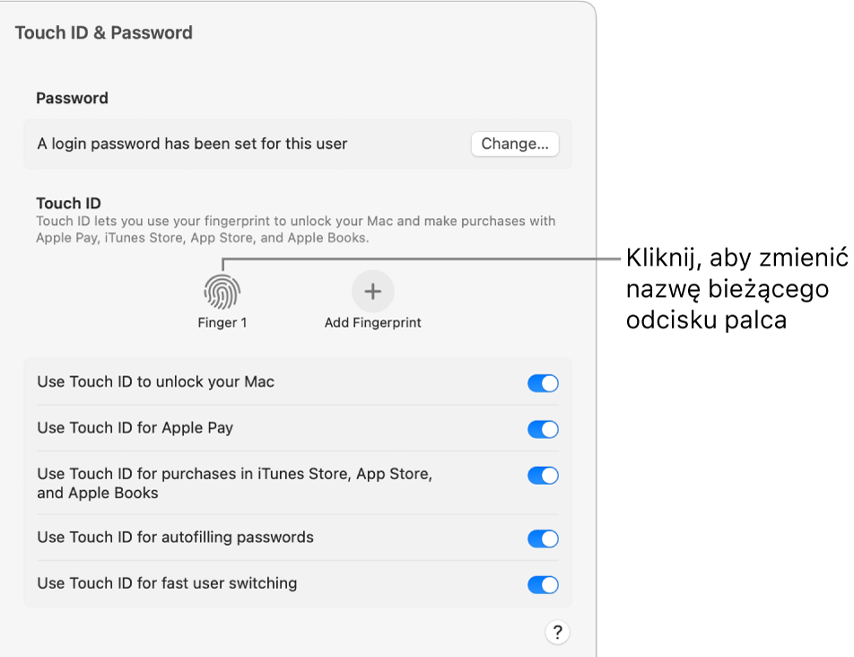 Ustawienia Touch ID i hasła z informacją, że odcisk palca jest gotowy i może być używany do odblokowywania Maca.