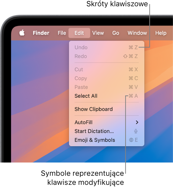 Menu Edycja otworzone w Finderze. Obok poleceń menu widoczne są skróty klawiszowe.