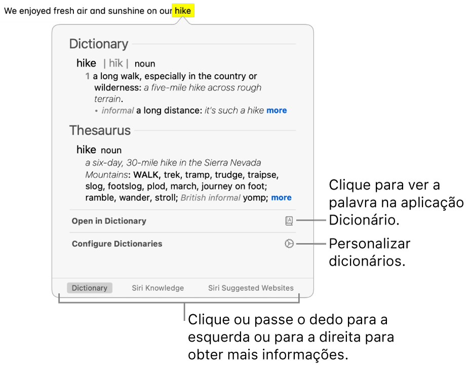 A janela Procurar a mostrar as definições do Dicionário e Thesaurus para uma palavra.