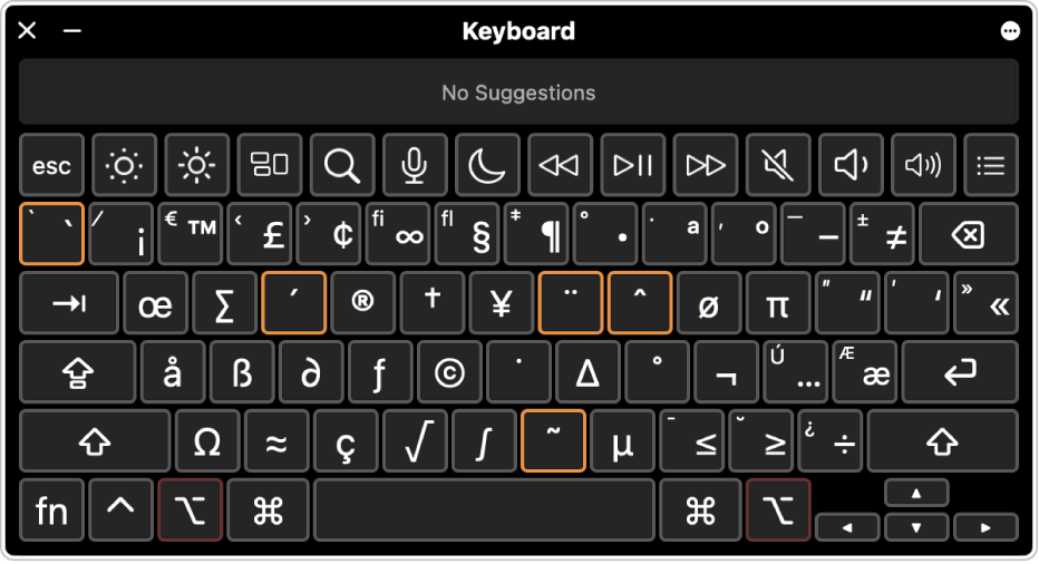 A Disposição do teclado com a disposição ABC a mostrar cinco teclas realçadas que podem ser premidas para digitar um acento.