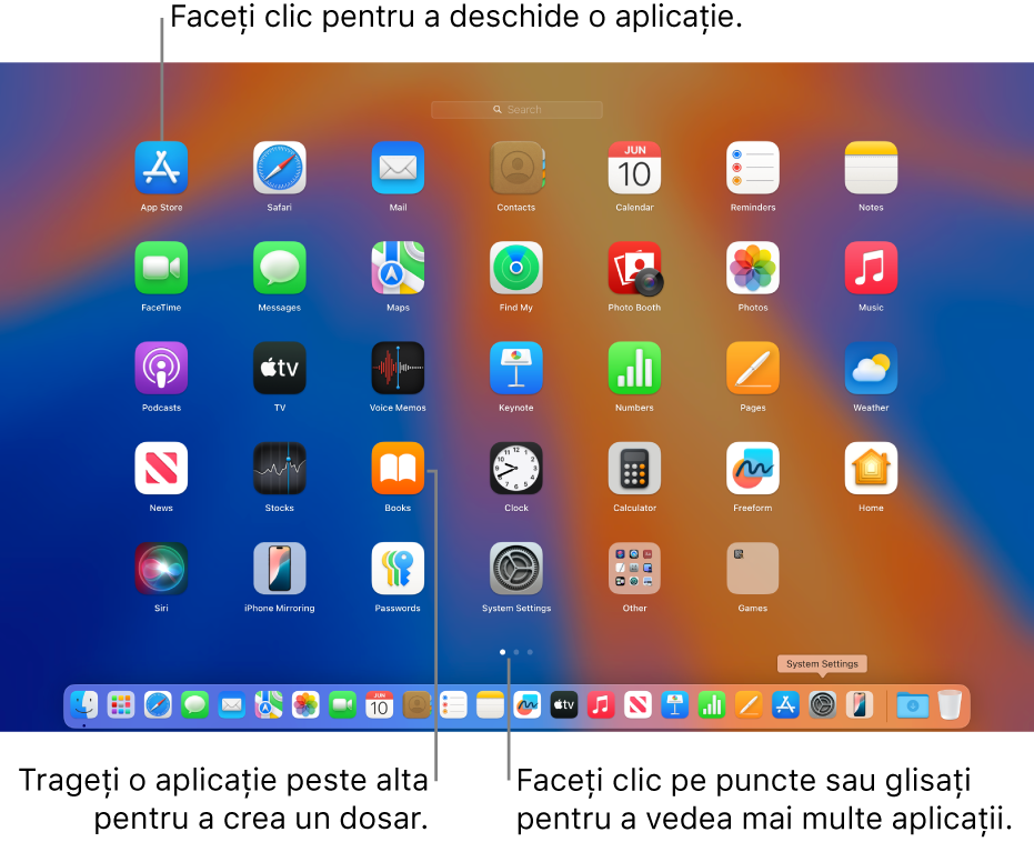 Launchpad afișând aplicațiile pe care le puteți deschide.