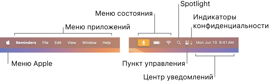 Строка меню. В левой части находится меню Apple и меню приложений. В правой части располагаются меню статуса, Spotlight, Пункт управления, индикаторы конфиденциальности и Центр уведомлений.