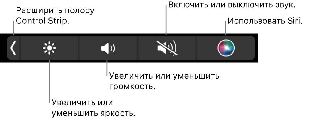 В свернутой полосе Control Strip есть следующие кнопки (слева направо): раскрытие Control Strip, увеличение и уменьшение яркости экрана и громкости, включение и выключение звука, использование Siri.