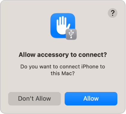 Pogovorno okno z vprašanjem, ali želi uporabnik dovoliti povezavo iPhona z Macom.
