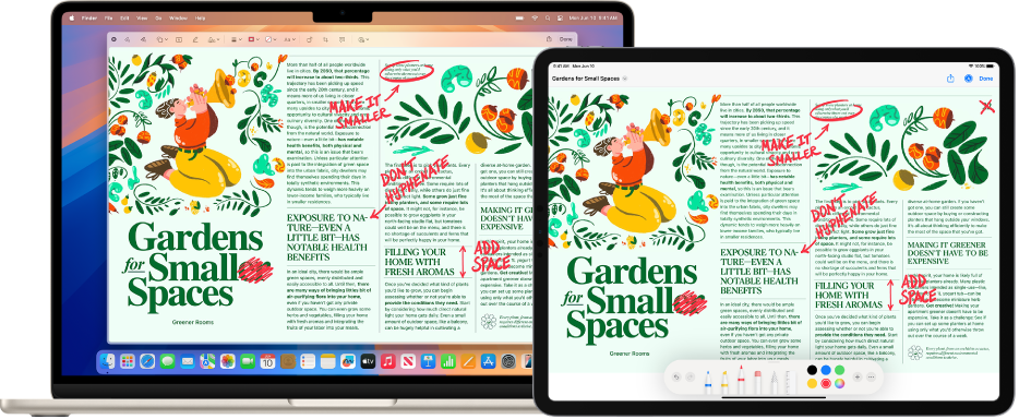 Yan yana bir MacBook Air ve bir iPad. Her iki ekran da üzeri çizilmiş cümleler, oklar ve eklenmiş sözcükler gibi karalanmış kırmızı düzeltmelerle kaplı bir makale görüntülüyor. iPad ekranının en altında da işaretleme denetimleri var.