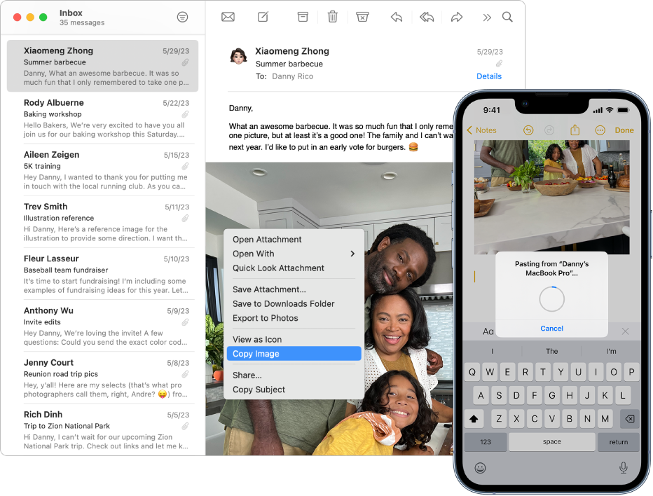 Cửa sổ Mail được mở trên máy Mac, đang hiển thị một email bao gồm một ảnh. Một menu phím tắt ở trên cùng của ảnh và Sao chép hình ảnh được chọn. Ở bên phải, một iPhone hiển thị cùng một hình ảnh đang được dán vào một ghi chú.