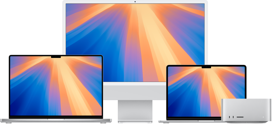 由左至右為帶有彩色桌面的 MacBook Pro、iMac 和 MacBook Air。Mac Studio 在最右側。