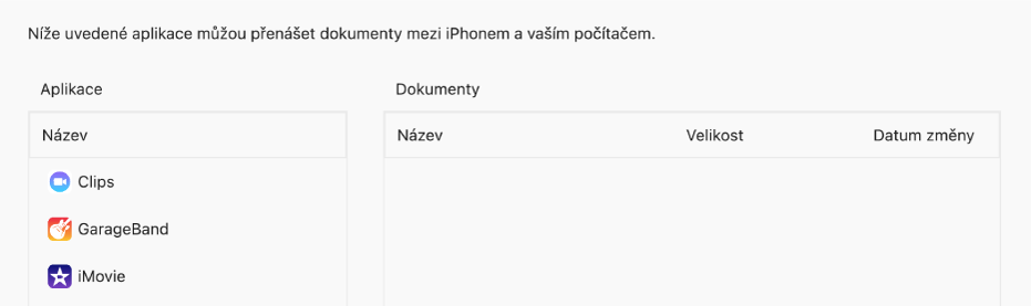 Okno Soubory zobrazující aplikace, které lze synchronizovat se zařízením