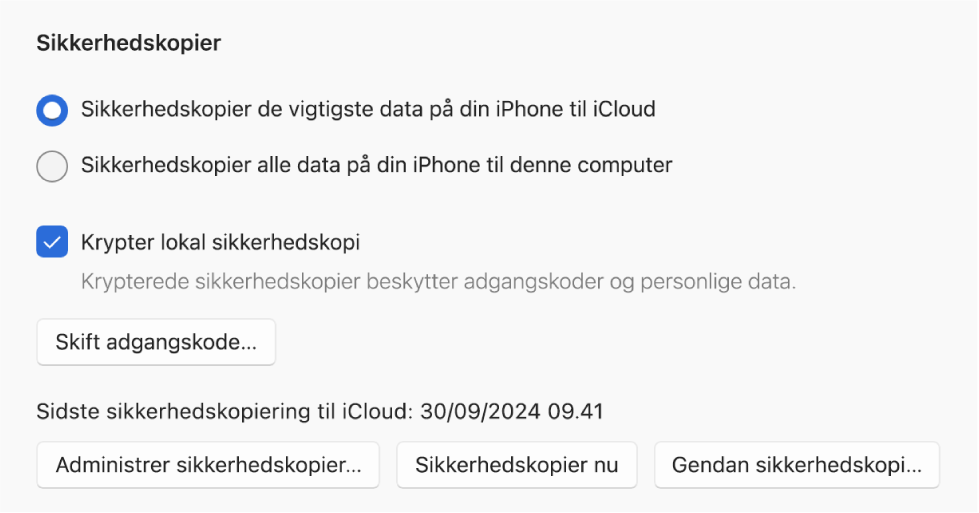 Der vises to knapper til sikkerhedskopiering af data fra en enhed til iCloud eller til Windows-enheden, afkrydsningsfeltet “Krypter lokal sikkerhedskopi” til at kryptere dine sikkerhedskopierede data samt flere knapper til at administrere sikkerhedskopier, gendanne fra en sikkerhedskopi og starte en sikkerhedskopiering.