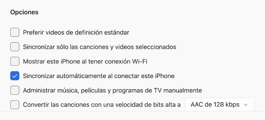 Opciones para sincronizar tu dispositivo Apple con tu equipo con Windows. La opción Sincronizar automáticamente cuando este iPhone esté conectado está seleccionada.