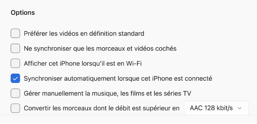 Options pour synchroniser votre appareil Apple avec votre appareil Windows. Lʼoption « Synchroniser automatiquement lorsque cet iPhone est connecté » est sélectionnée.