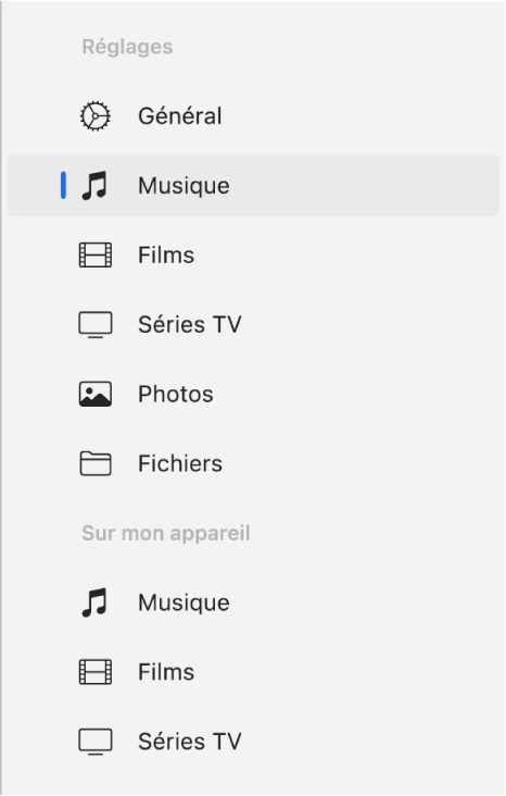 La barre latérale affichant l’option Musique sélectionnée.