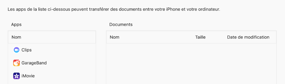 Une fenêtre de l’app Fichiers affichant des apps pouvant être synchronisées avec un appareil.