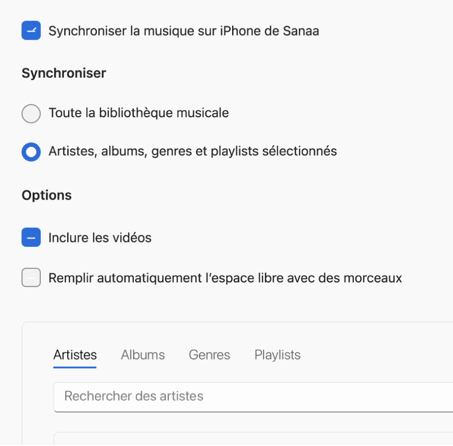 La fenêtre « Appareils Apple » montrant lʼoption permettant de synchroniser des morceaux.