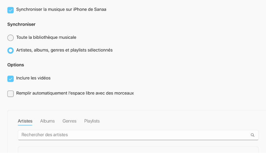 La case « Synchroniser la musique sur l’appareil » s’affiche avec des options supplémentaires permettant de synchroniser toute votre bibliothèque ou seulement les morceaux sélectionnés avec des vidéos et des mémos vocaux.