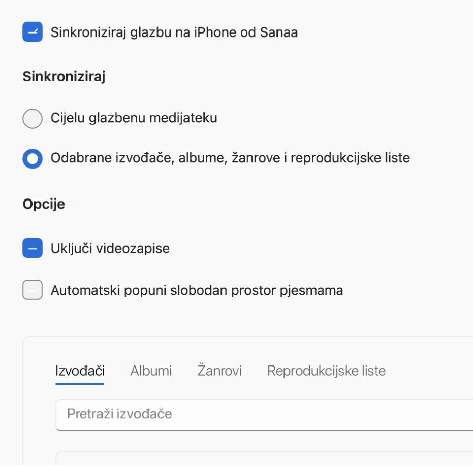 Prozor aplikacije Apple uređaji s prikazom opcije sinkroniziranja za glazbu.