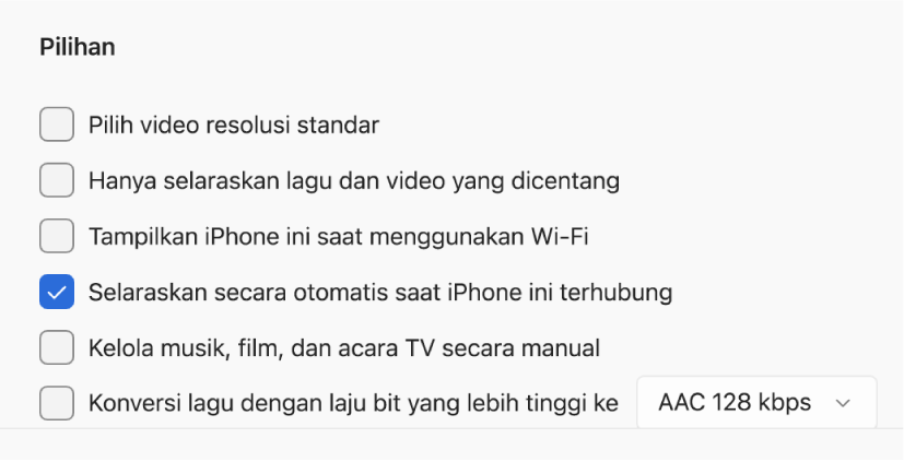 Pilihan untuk menyelaraskan perangkat Apple dan perangkat Windows Anda. “Secara otomatis menyelaraskan iPhone ini saat terhubung” dipilih.