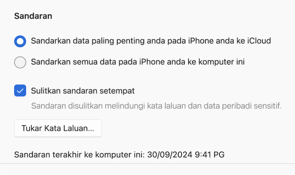 Tetingkap Peranti Apple menunjukkan pilihan untuk menyandarkan dan memulihkan peranti Apple.