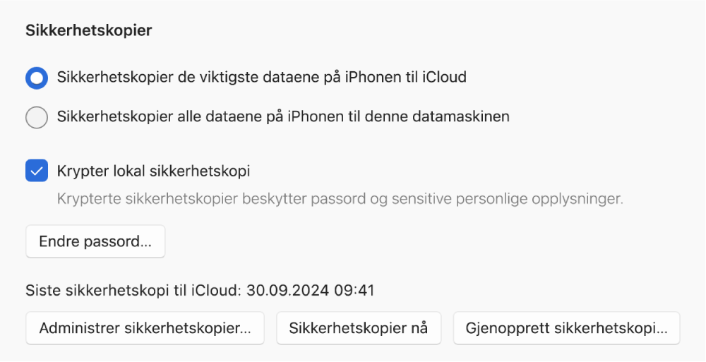 Valgene for å sikkerhetskopiere data fra en enhet med to knapper for å velge sikkerhetskopiering til iCloud eller til Windows-enheten, en avkrysningsrute «Krypter lokal sikkerhetskopi» for å kryptere sikkerhetskopidata og flere knapper for å administrere sikkerhetskopier, gjenopprette fra en sikkerhetskopi og starte en sikkerhetskopi.