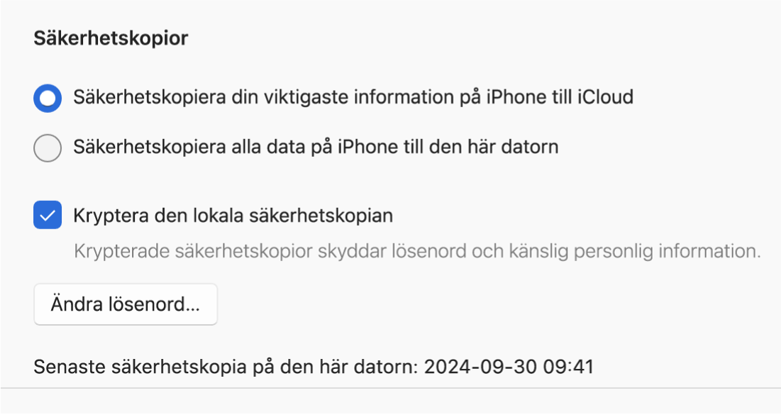 Ett Apple Devices-fönster visar alternativ för säkerhetskopiering och återskapning av en Apple-enhet.