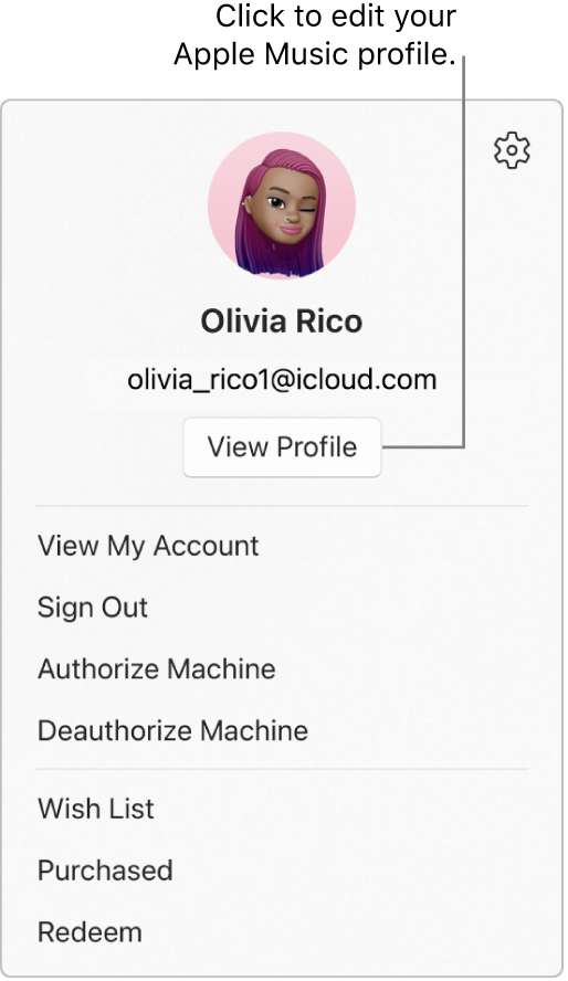 The profile menu, which appears when you select your name at the bottom of the sidebar. The user image and Apple Account are at the top. The View Profile button is below the Apple Account. Menu options include View My Account, Authorize Machine, and Wish List.