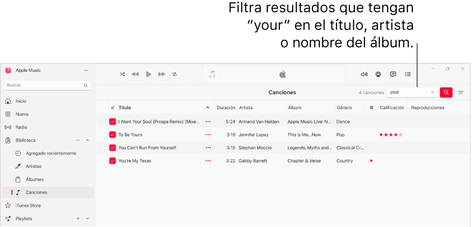 La ventana de Apple Music mostrando la lista de canciones que aparecen cuando se escribe “amor” en el campo de filtro en la esquina superior derecha. Las canciones en la lista incluyen la palabra “amor” en el título, el nombre del artista o el nombre del álbum.