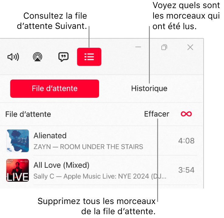 Le coin supérieur droit de la fenêtre Apple Music avec le bouton Suivant en haut de la file d’attente Suivant. Le bouton Historique se trouve à droite du bouton Suivant. Sélectionnez le bouton Historique pour consulter les morceaux déjà écoutés. Le lien Effacer se trouve sous le bouton Historique. Sélectionnez le lien Effacer pour supprimer tous les morceaux de la file d’attente.