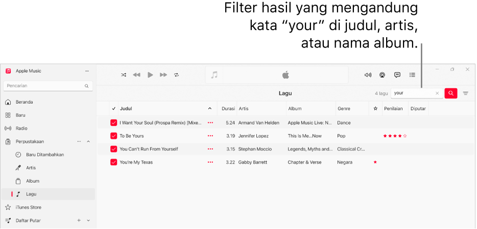 Jendela Apple Music menampilkan daftar lagu yang muncul saat “love” dimasukkan di bidang yang difilter di pojok kanan atas. Lagu dalam daftar mencakup kata "love" dalam judul, artis, atau nama albumnya.